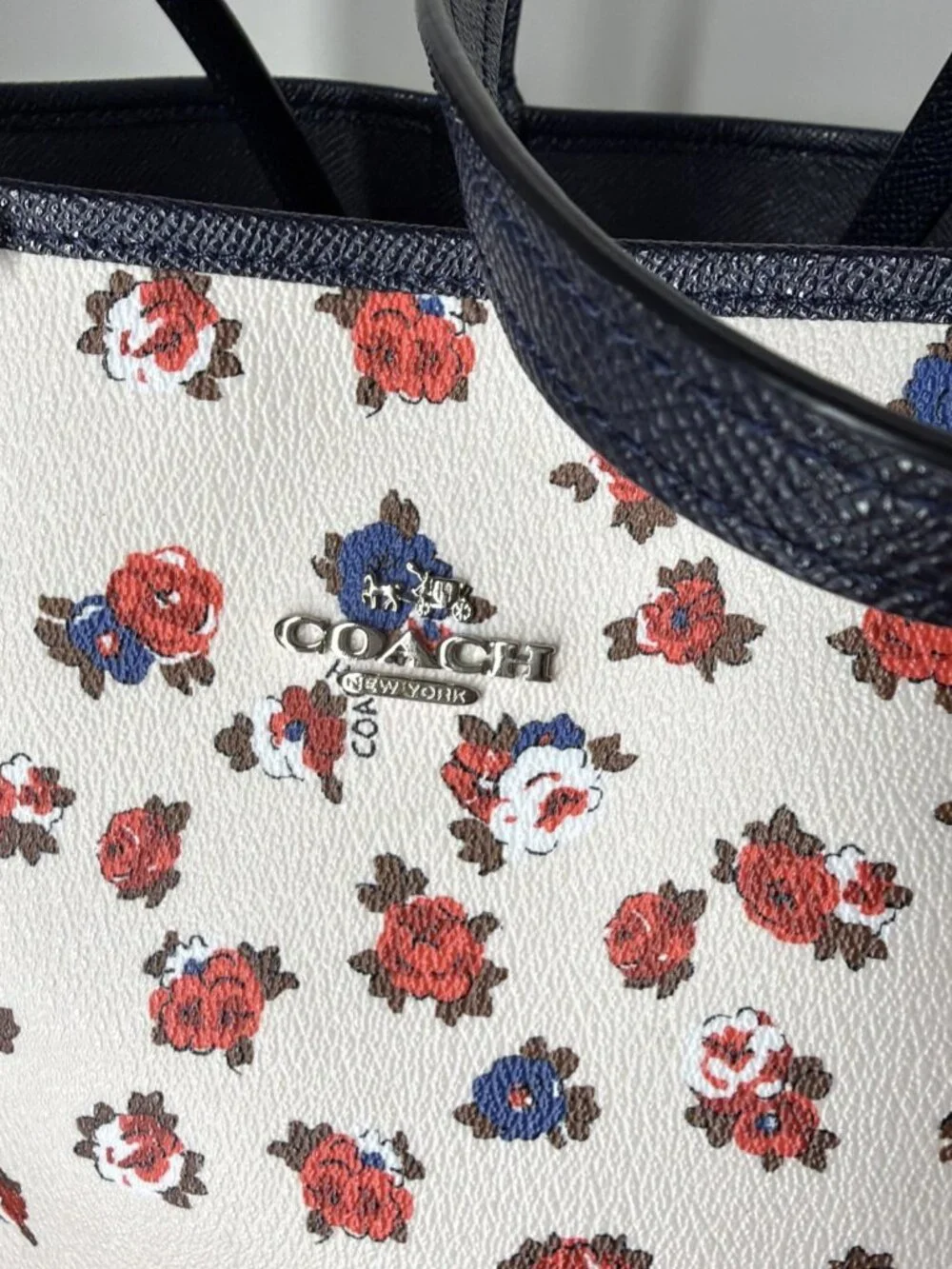 Coach Floral Reversible City Tote Navy Pebbled Leather Bag